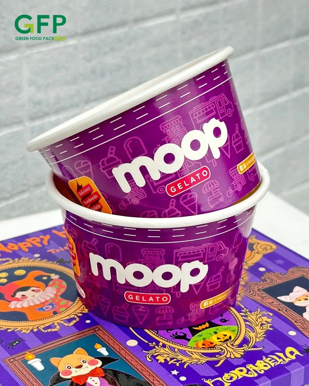 Wholesale Takeaway Compostable Biodegradable Disposable Printed Frozen Yogurt Ice Cream Paper Cup