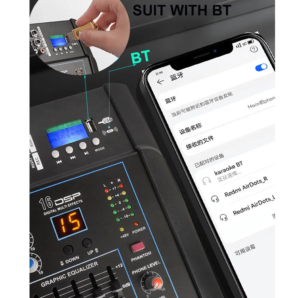 Professional Party Mixer Console with Wireless Microphones and 6-Channel Audio Amplifier