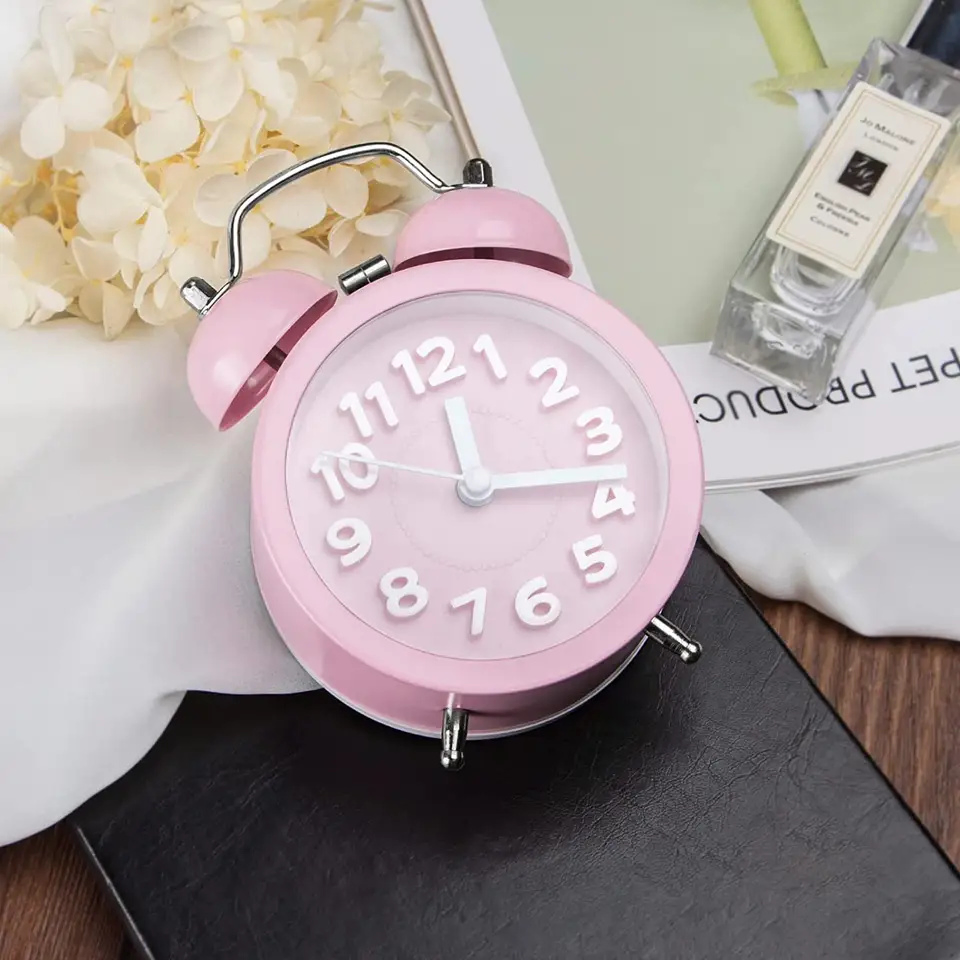 4 Inch Small Cute Mini Twin Bell 3D Number Kids Pink Alarm Clock for Bedrooms Miniature Desk Table Clocks