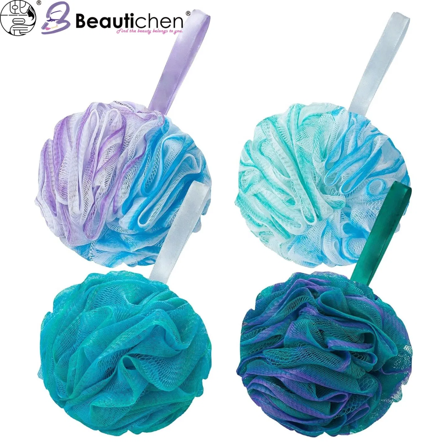 Beautichen Large Gradient Color Bath Loofah Sponge with Ribbon Handle – Soft Mesh Shower Pouf for Rich Lather, Gentle Exfoliation & Skin Cleansing