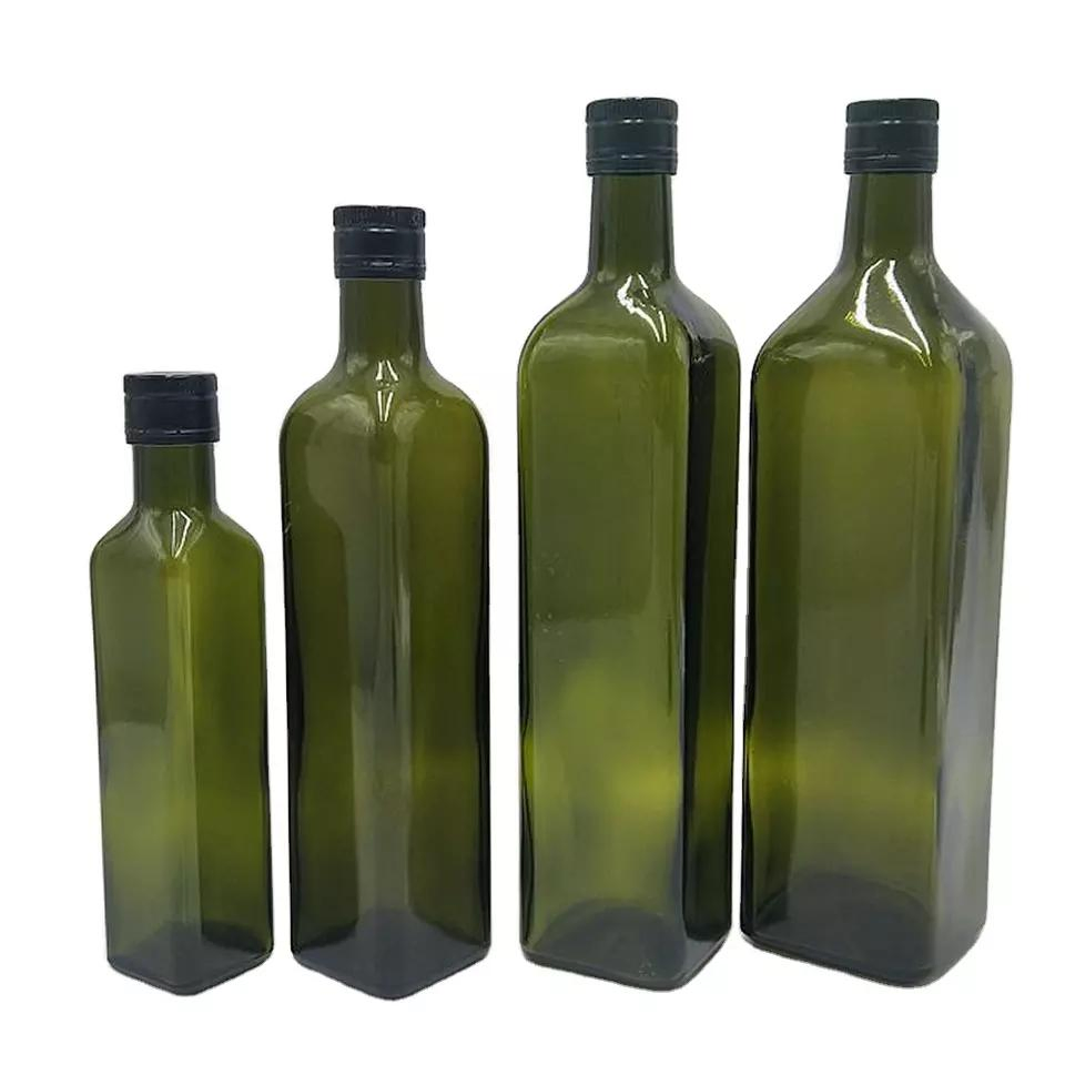 Food Grade 250ml 500ml 750ml 1000ml Square Dark Green Marasca Glass Bottle Olive Oil Bottle