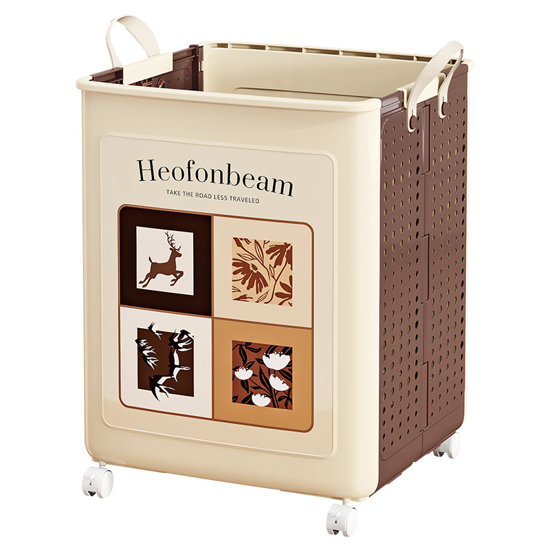 MID-Century Vintage Style Foldable Laundry Basket with Wheels Large Capacity Storage Basket