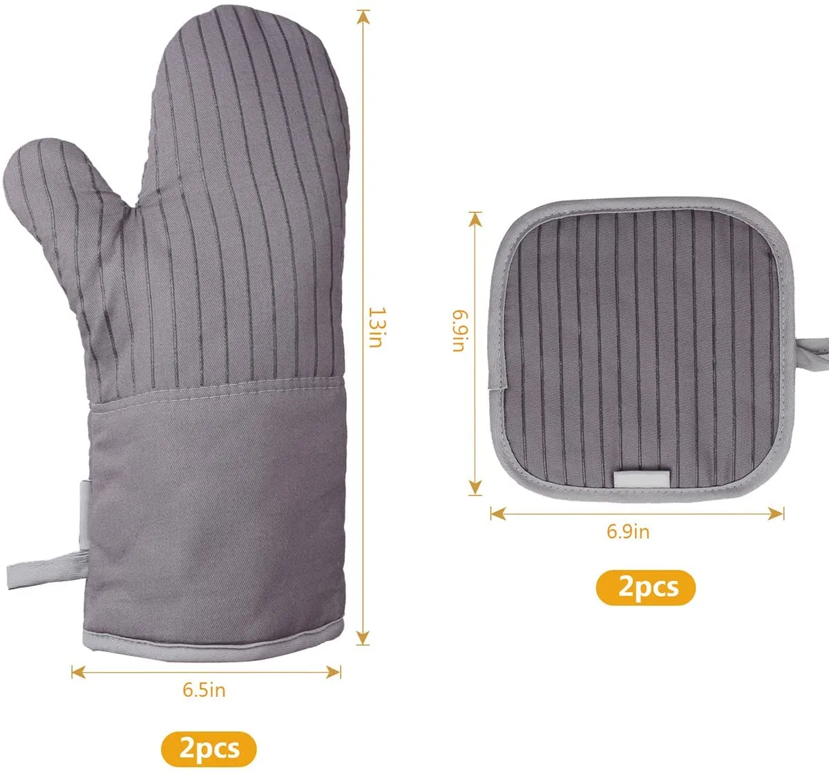 Oven Mitts and Pot Holders Sets Oven Mitts Heat Resistant with Cotton Lining and Non-Slip Silicone Striped Surface Hanging Loop and Potholders