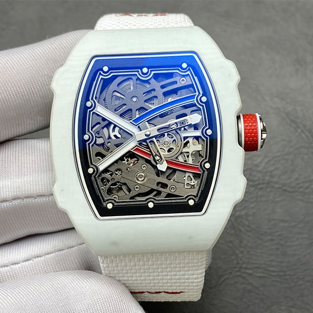 Top-Tier Replica Tonneau-Shaped Wristwatch with a Fully Skeletonized Design and Colored Bezel; a High-End Mechanical Men's Watch.
