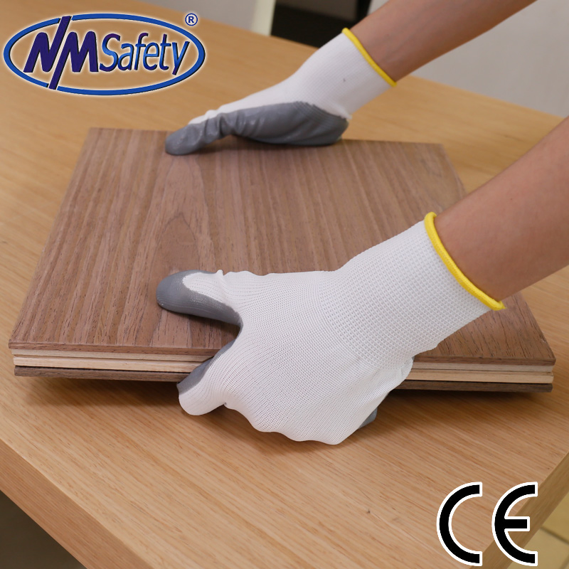 Nmsafety Polyester Palm Coated Grey Nitrile China Safety Work Gloves