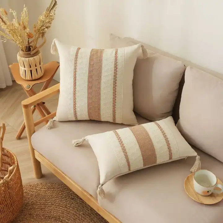Boho Throw Cushion Cover Woven Tufted Farmhouse Pillows Cover with Tassels Textured Striped Cushion Case Neutral Pillow Cases