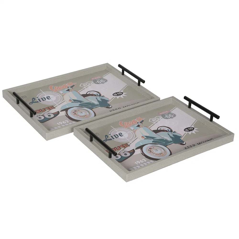 Serving Trays Set of 2 with Black Metal Handles, Decorative Trays with Route 66 Print for Coffee Table, Vanity, and Home Decor