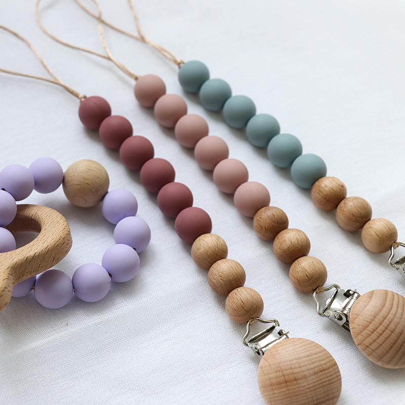 Amazon Food Grade Silicone Teether Bracelet Wooden Silicone Teething Ring for Baby