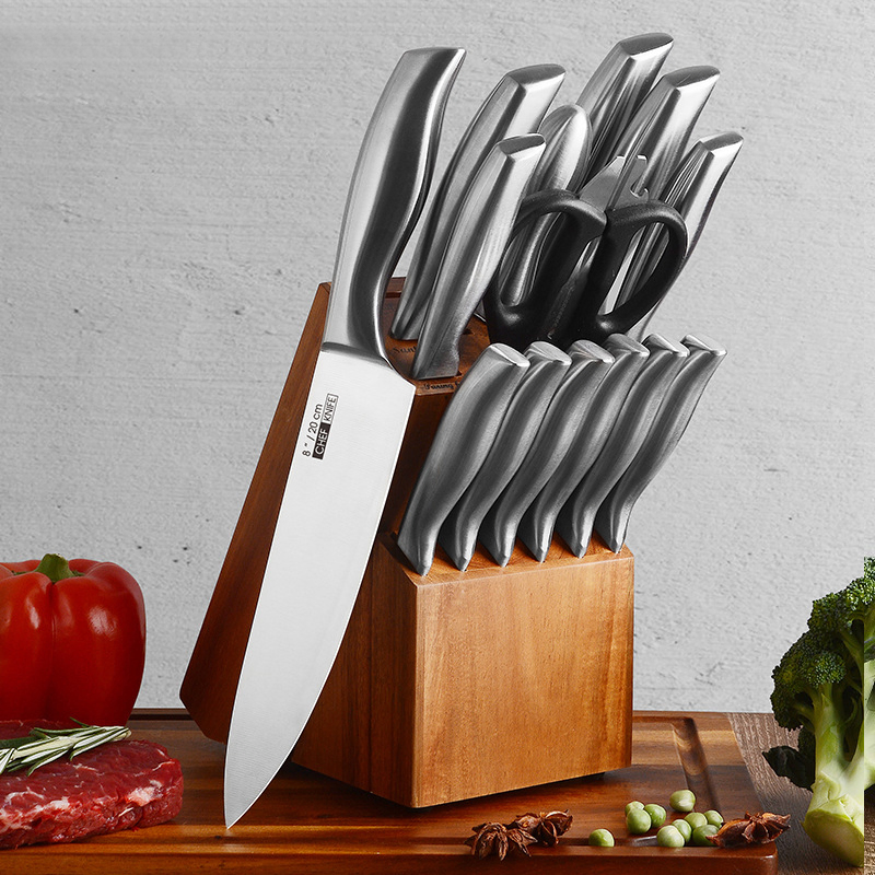 Multifunctional 15 PCS Stainless Steel 18/0 Hollow Handle 30cr13 Kitchen Knife Set with Acacia Wood Storage Rack Holder