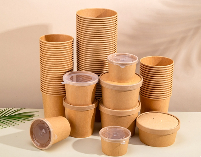 Disposable Food Packaging Takeaway Kraft Paper Soup Cup with Lid