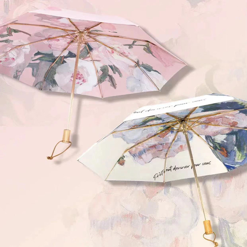 Складной зонт от солнца с деревянной ручкой и защитой от УФ