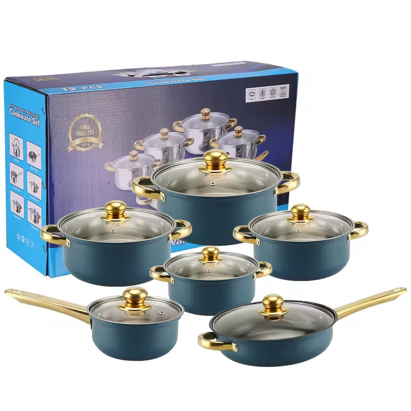 12PCS Stainless Steel Pots and Pans Gold Handle Soup Pots Cooking Pots Milk Casserole Kitchen Cookware Sets
