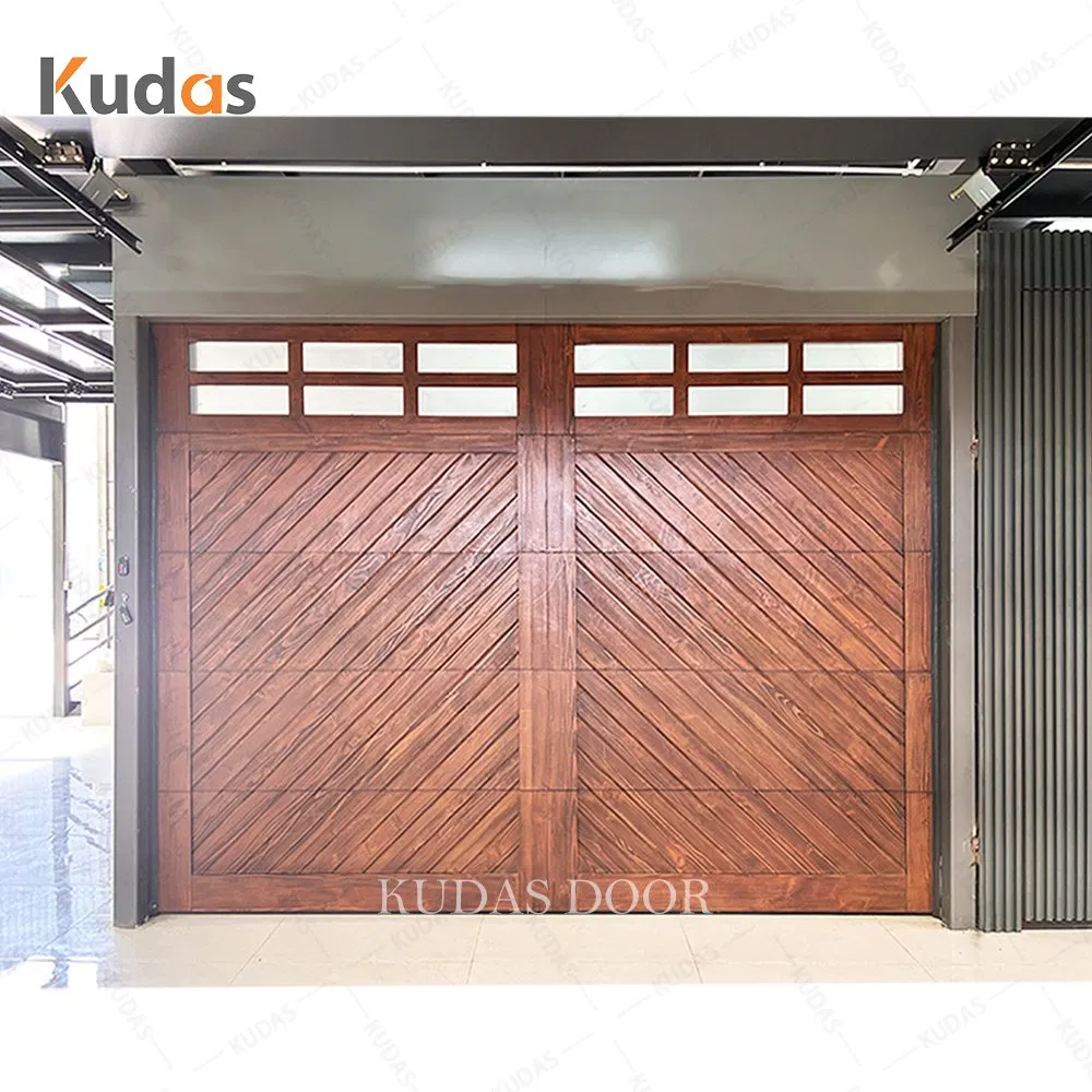 Energy Efficient Black Walnut Solid Wood Look Aluminum Track Slide up Garage Doors with Top Double Glass Windows