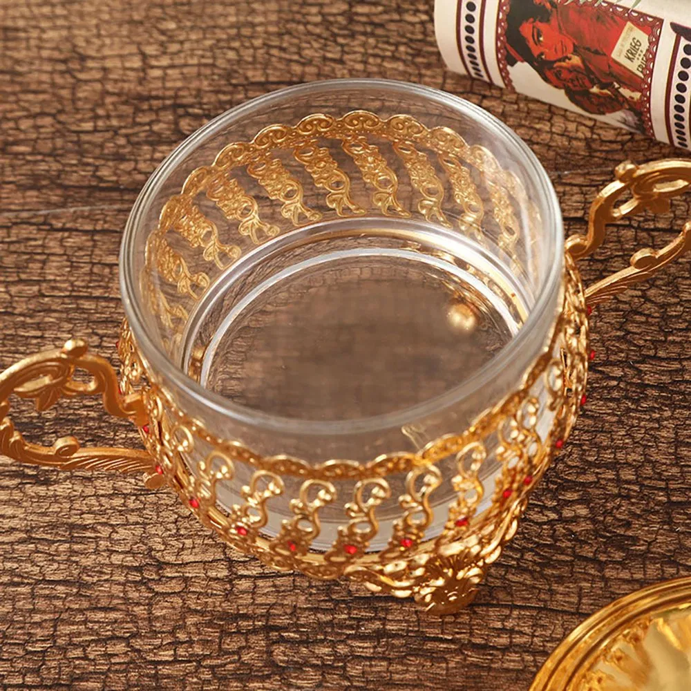 Сахарница с крышкой и ложкой, золотая, 15 см