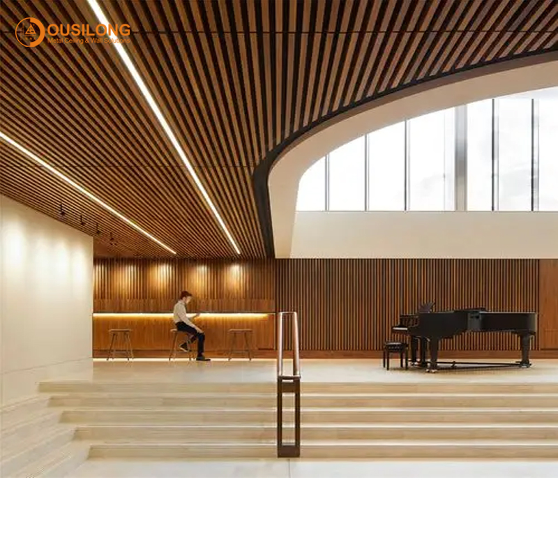 Opera False Metal Ceiling System Use Fireproof Extruded Aluminum Baffle Ceiling with Wood Grain