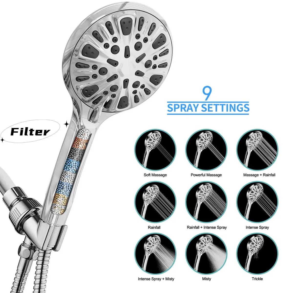 High Speed Water Jet 9 Functions Pressure Water Saving Massaging Shower Spray Rain Ionic Filter Bathroom Accessories Hand Shower
