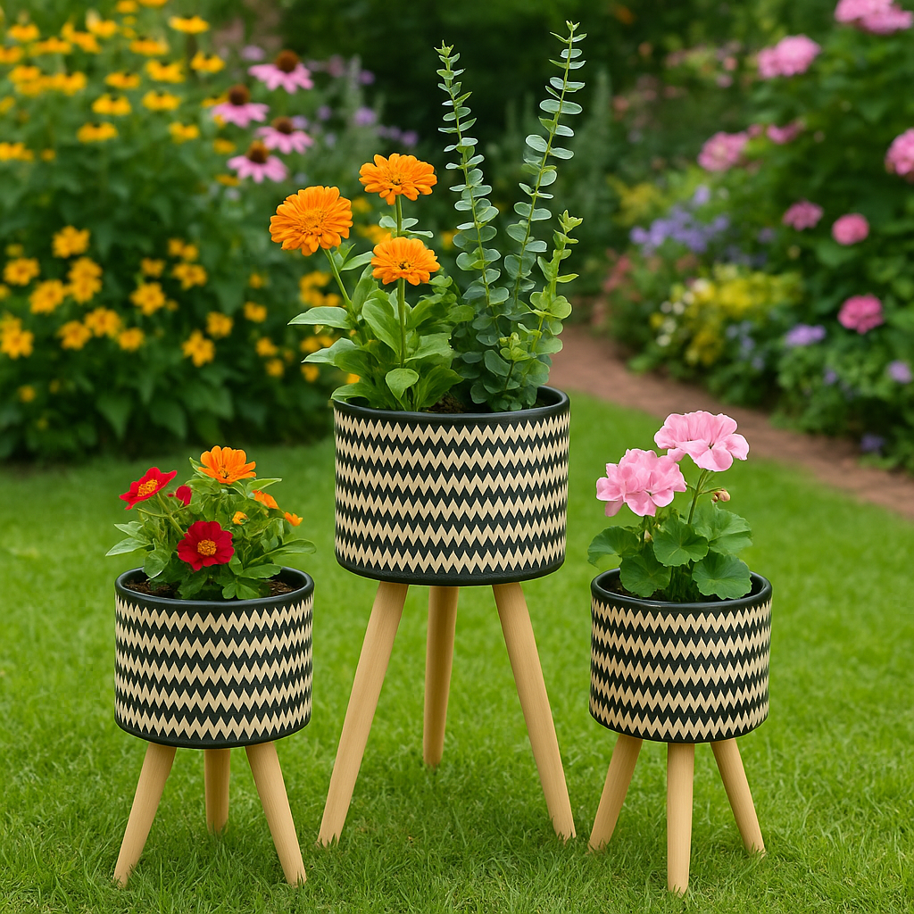 Набор горшков цветочных золотых 3 штуки металлическая подставка