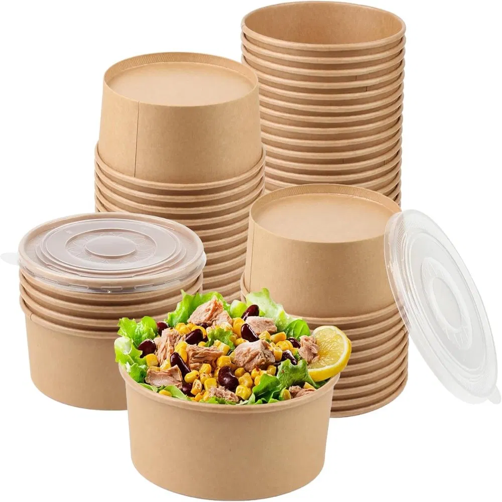 Custom Printing Disposable Eco-Friendly Food Grade Leak-Proof Biodegradable Paper Salad Bowl with Lid