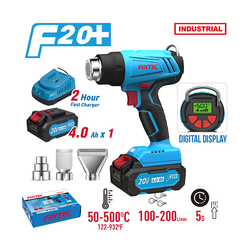 Fixtec Cordless Rechargeable Hot Air Gun 20V Digital Display 50-500℃ for Shrink Wrapping & DIY