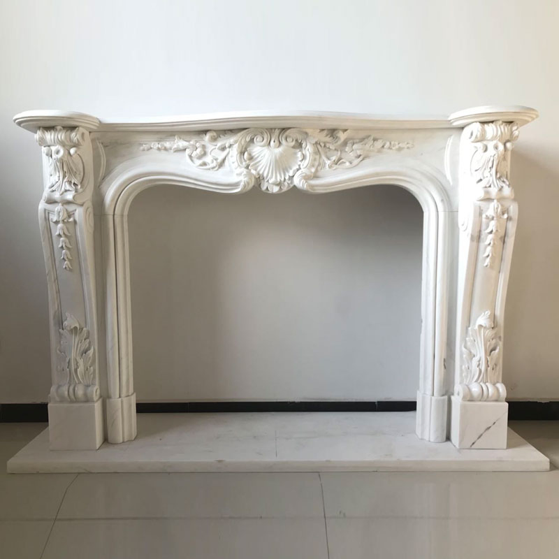 Hand Carving White Marble Fireplace Mantel with Marble Lion Statues Outdoor Fireplace Carving Sculpture