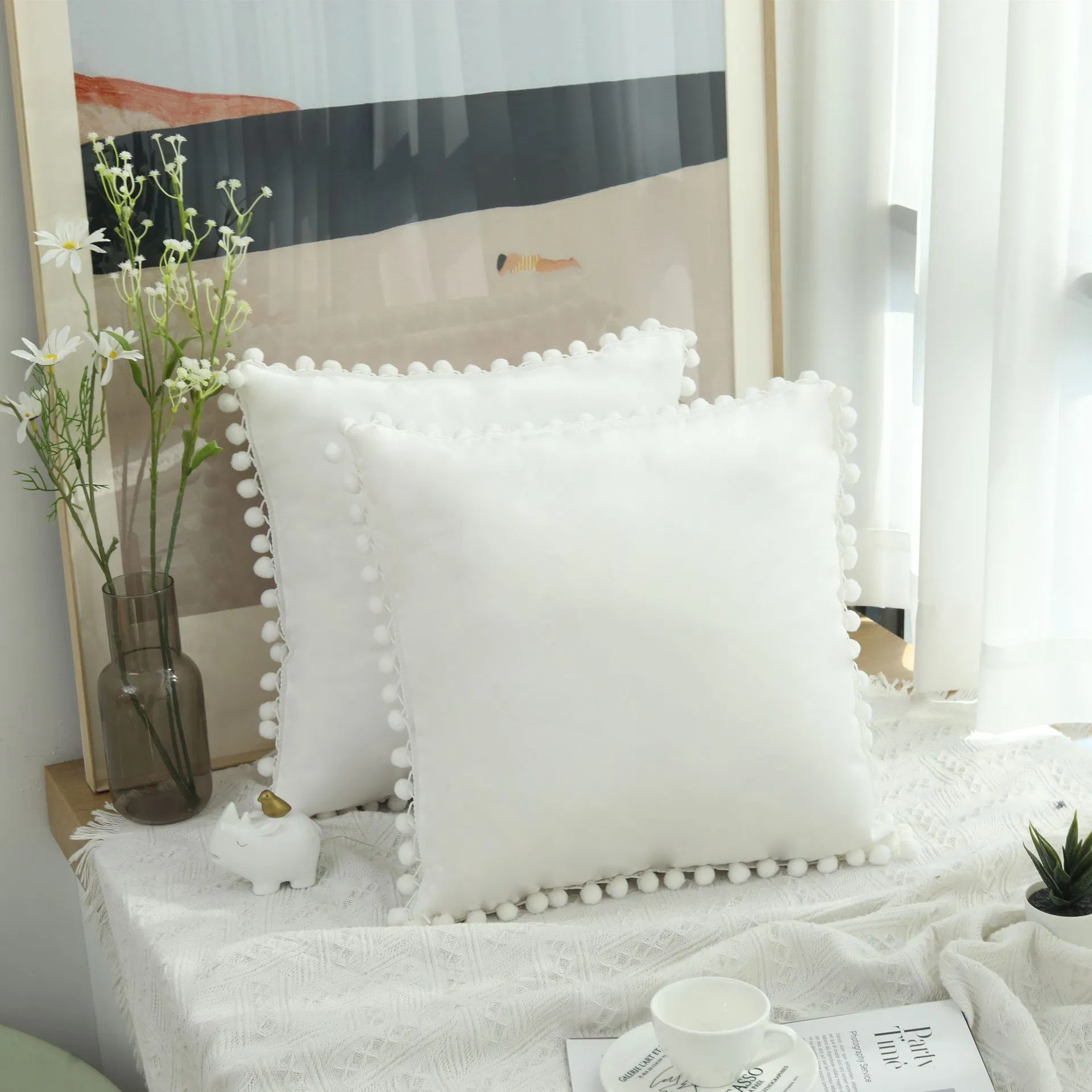 Boho Accent Decor Fleece Cushion Bedroom Living Room, Velvet Square Euro Sham Pompoms