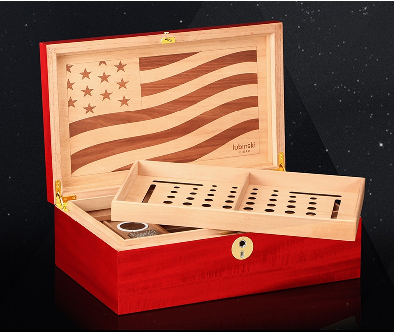 Personalized Painting Us National Flag Wooden Cigar Case with Hygrometer Humidifier and Divider