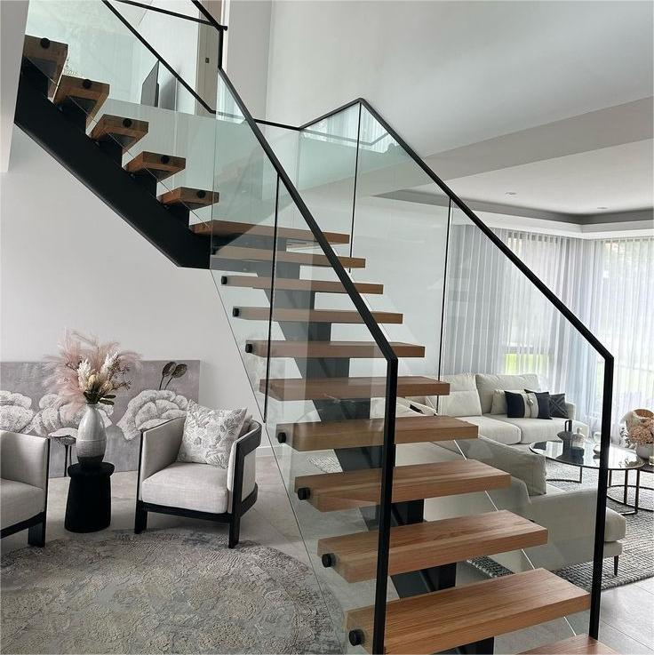 Custom Modern Indoor for House Durable Metal Wood Tempered Glass Railing Minimalist Mono Stringer Staircase for Loft Duplex