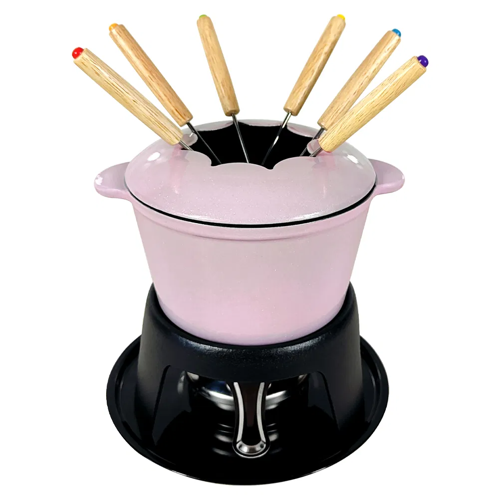 Enamel Cast Iron Chocolate Fondue Set with Metal Stand, Chocolate Melting Pot, Cheese Fondue Pot Set