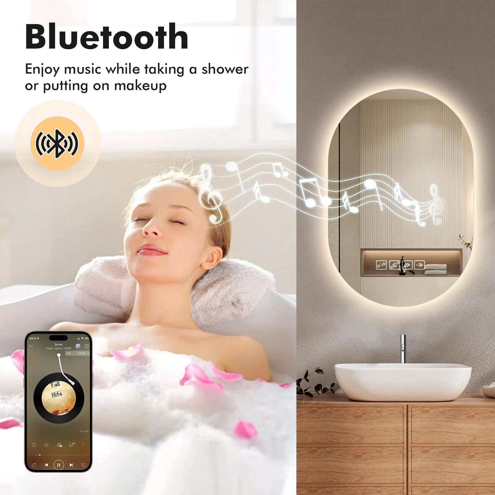 Современное настенное LED зеркало для ванной с Bluetooth