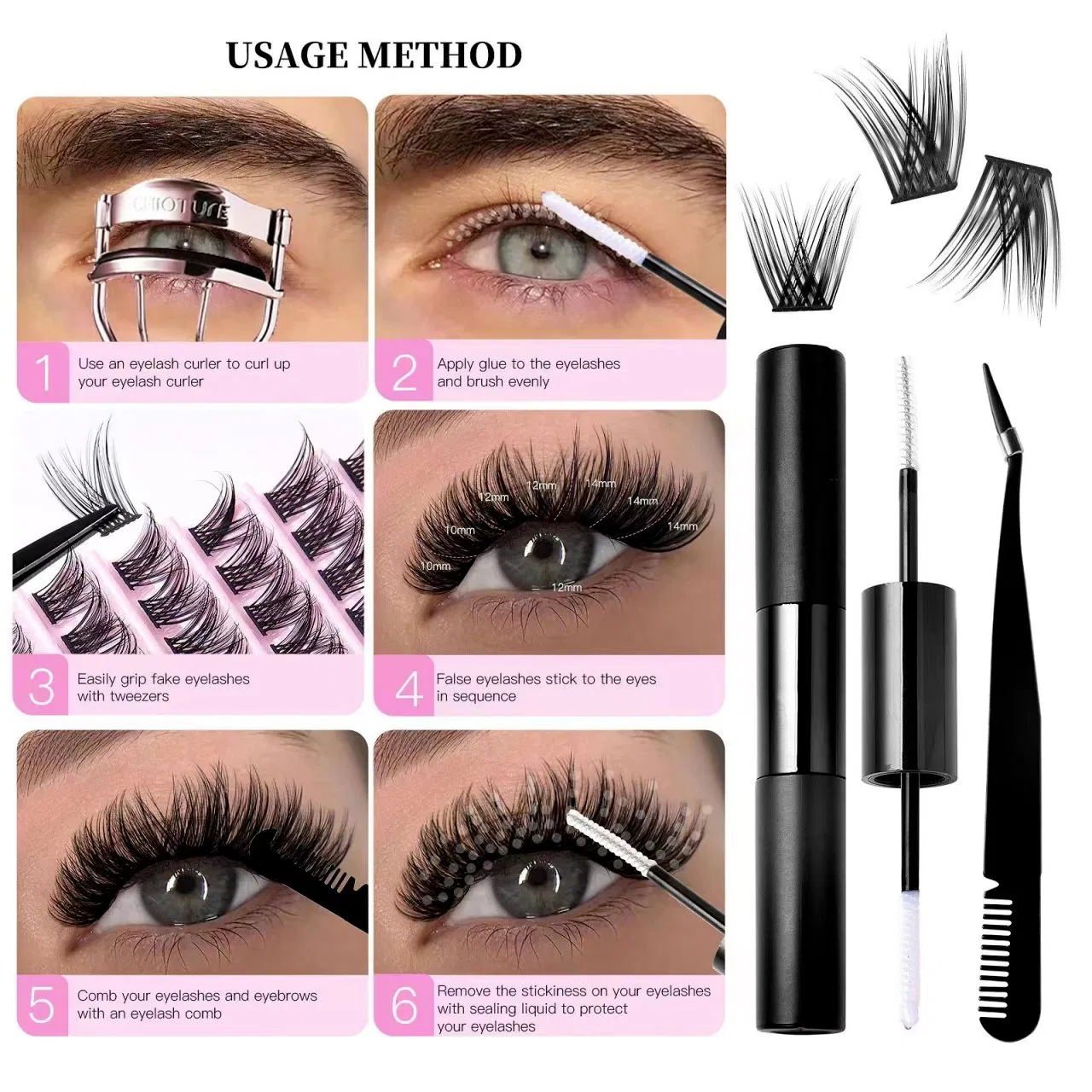 Private Label Pre Cut Segment Lashes DIY Eyelash Extensions Kit with Glue and Tweezers