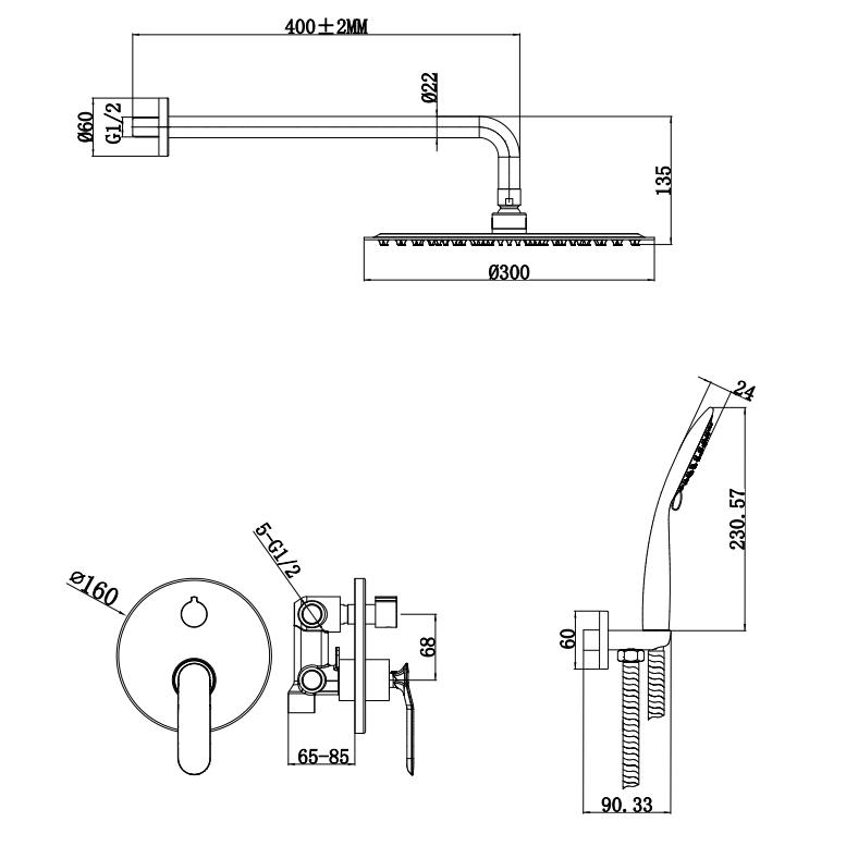 Смеситель для душа скрытого монтажа, черный, с дождевой лейкой