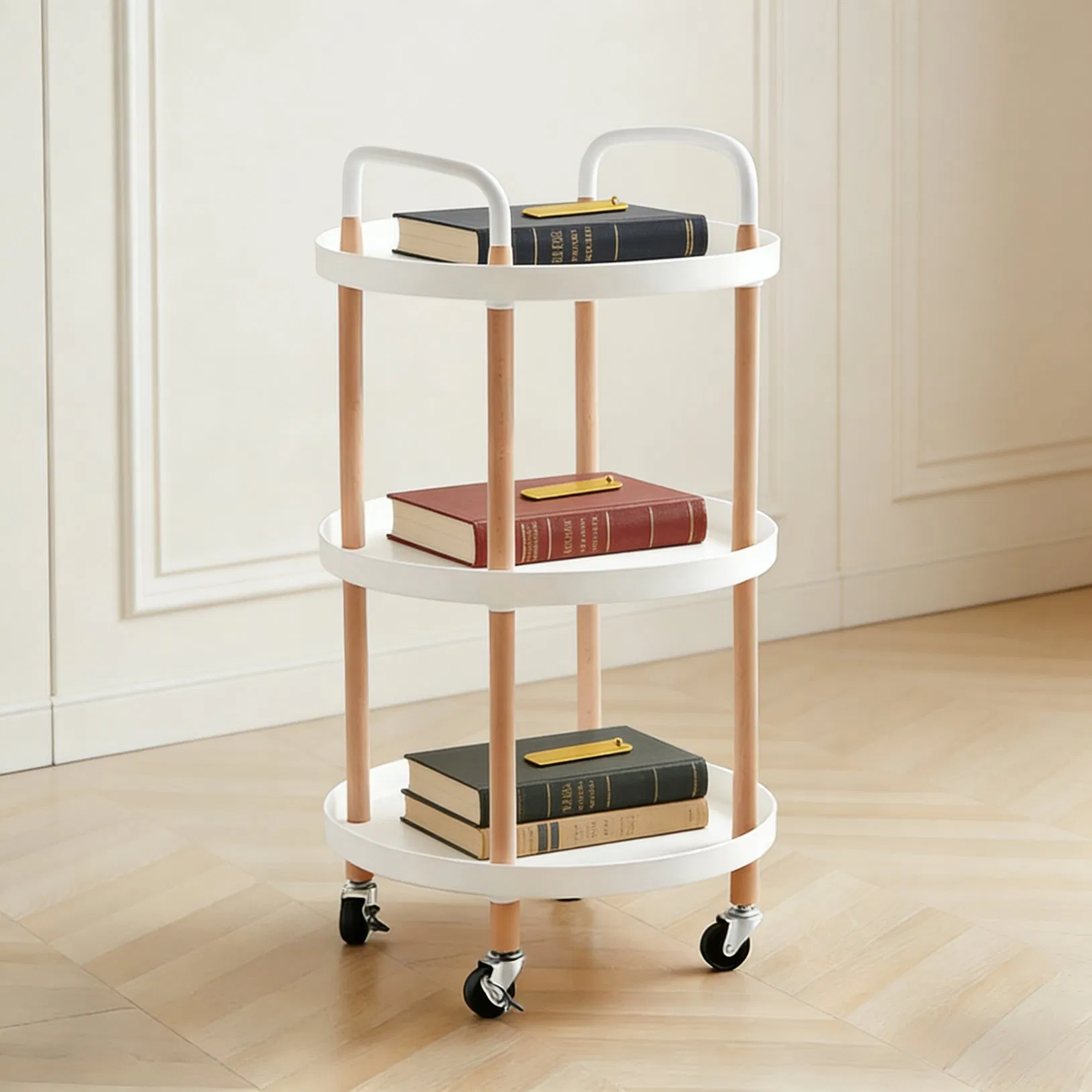 OEM Wood Display Shelf Rolling Utility Cart Trolley Rack with Wheels Factory Price