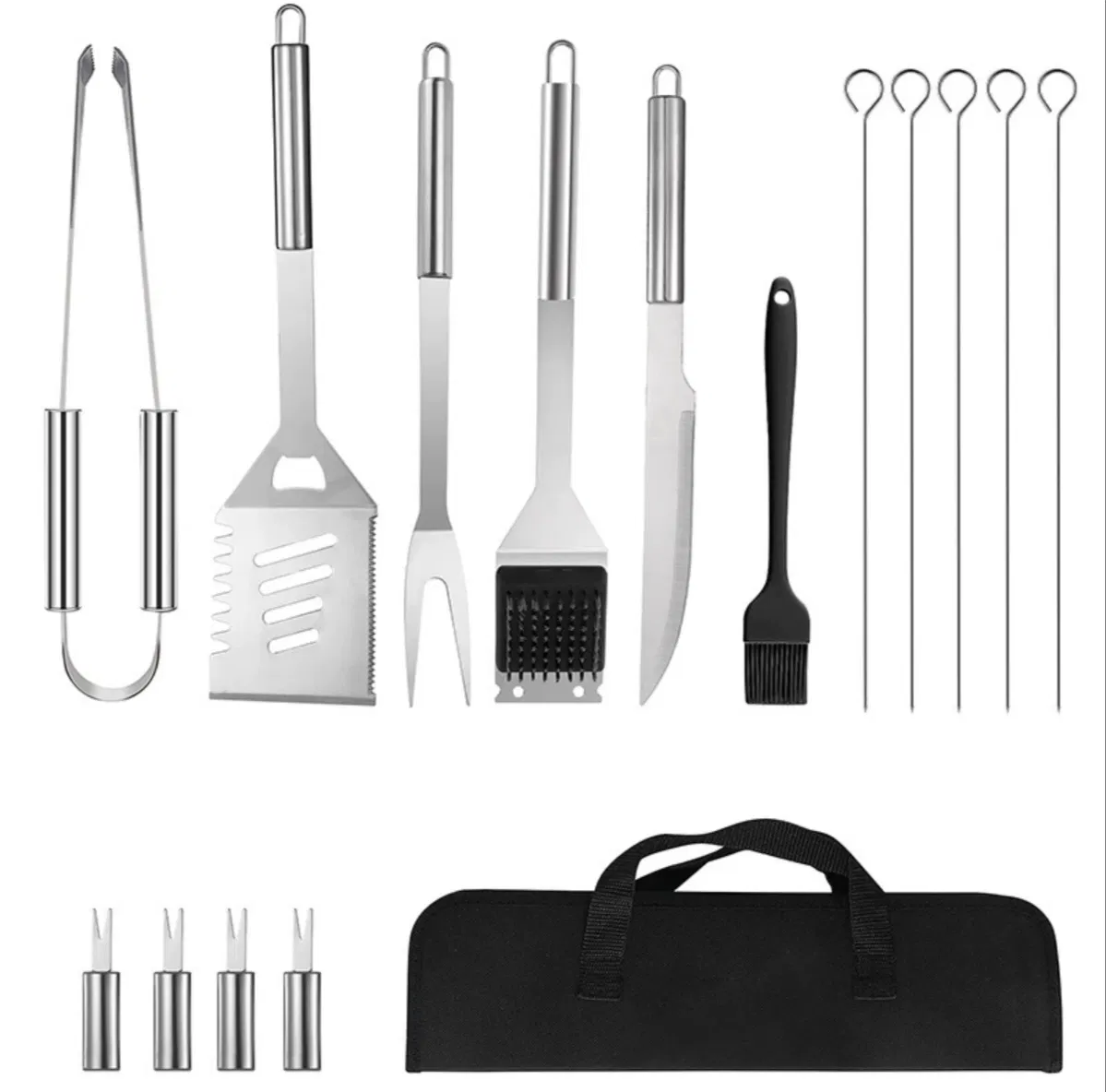 20 PCS Stainless Steel Outdoor Charcoal BBQ Grill Barbeque Set Barbeque Set with Thermometer BBQ Tools Set