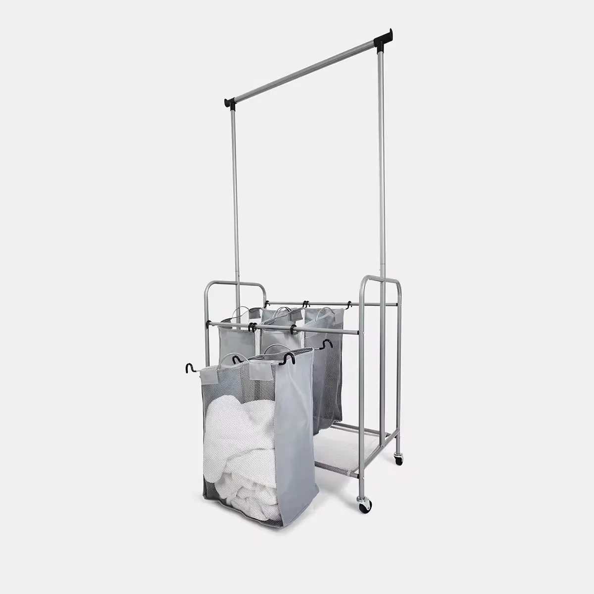 3-Tier Foldable Laundry Hamper Detachable Design Clothes Rack with 4 Rotary Wheels