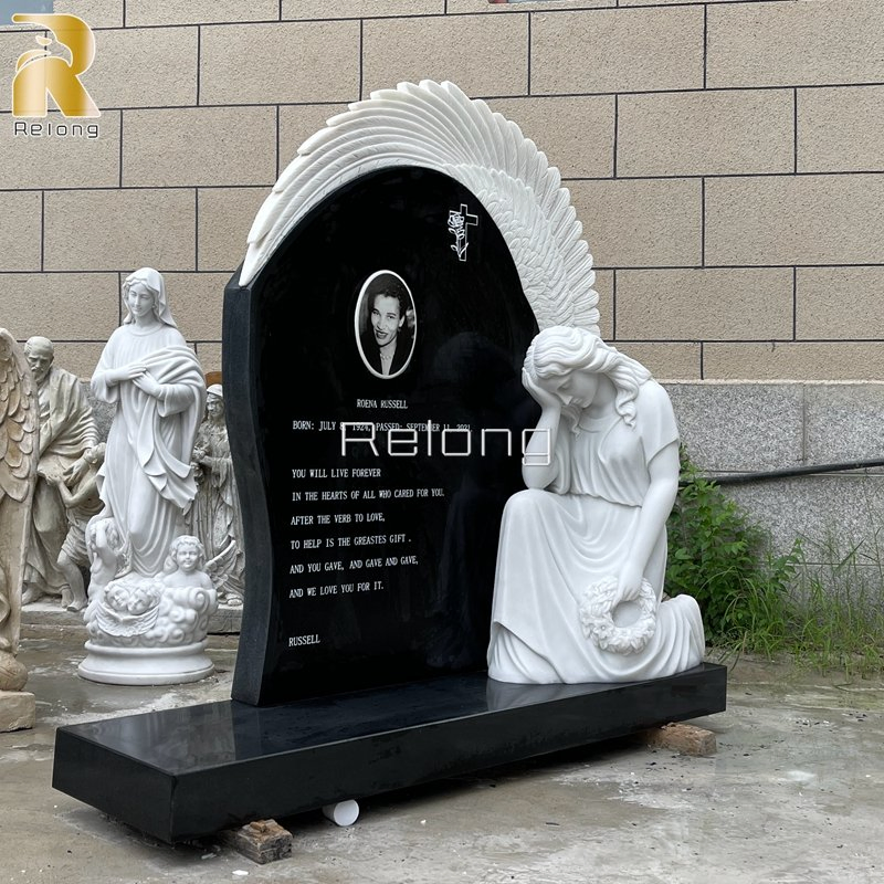 High Quality Marble Carving Stone Tombstone Hand Carved Marble Angel with Heart Monument for Sale