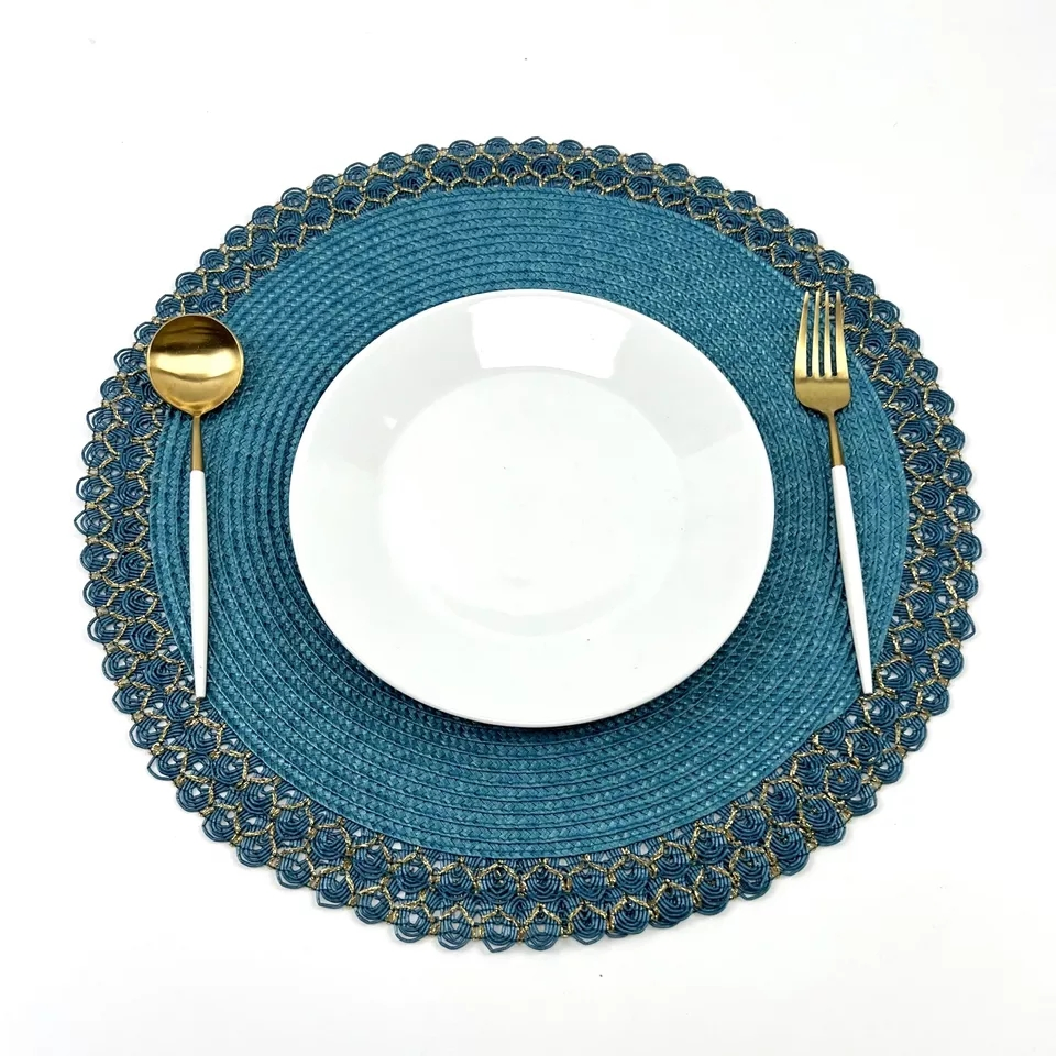 Promotion 15 Inch Teal Gold Braid Heat Resistant Polypropylene Woven Round Placemat