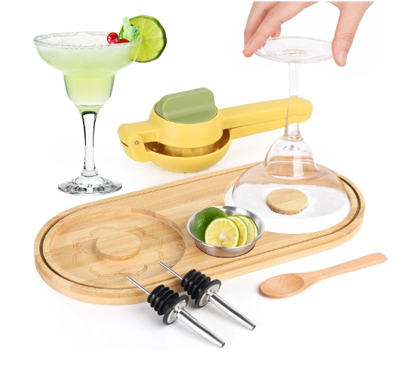 Set of 6 Bamboo Glass Sugar Rimmer Bartender Tool Set for Cocktail and Margarita
