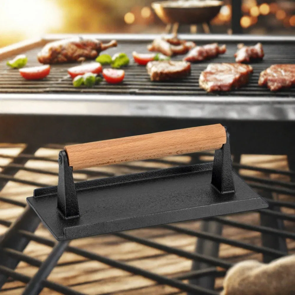 Cast Iron Bacon Grill Meat Press Steak Weight with Wooden Handle