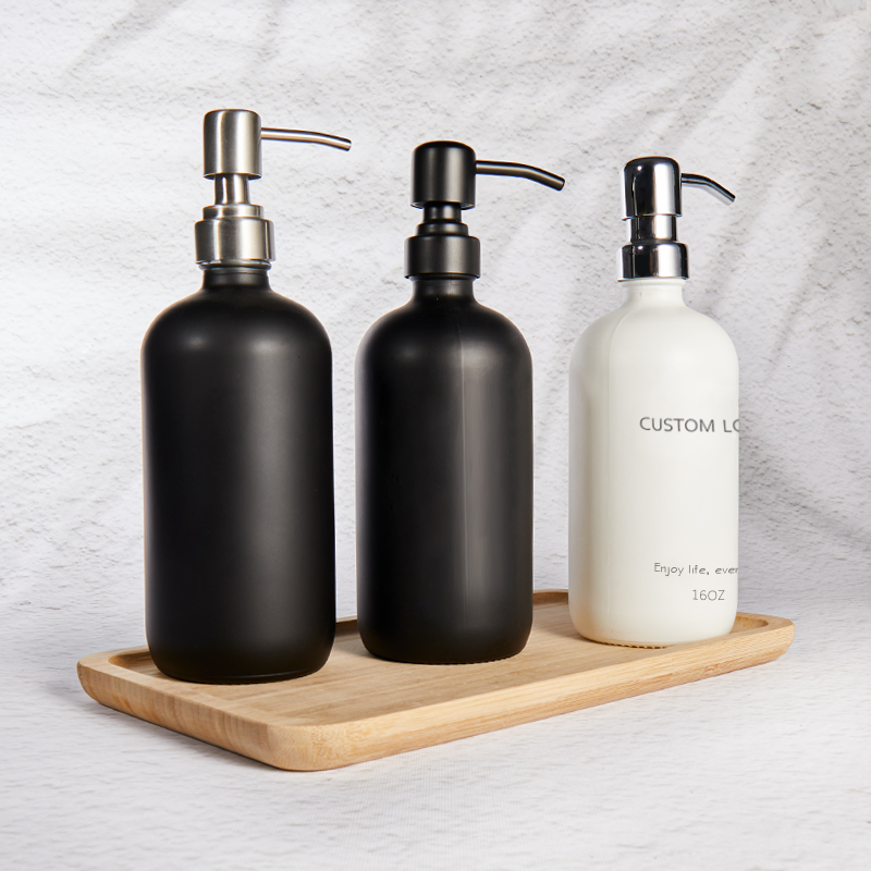 Luxury Glass Round Boston Bottle with Pump for Liquid Soap Hand Washing Shampoo and Body Washing