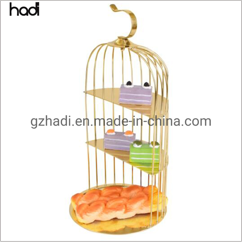 Party Decorative Wedding Buffet Tableware Pink Rose Gold Color Bird Cage Display Buffet Fancy 3 Tier Stainless Steel Bird Cage Afternoon Tea with Stand