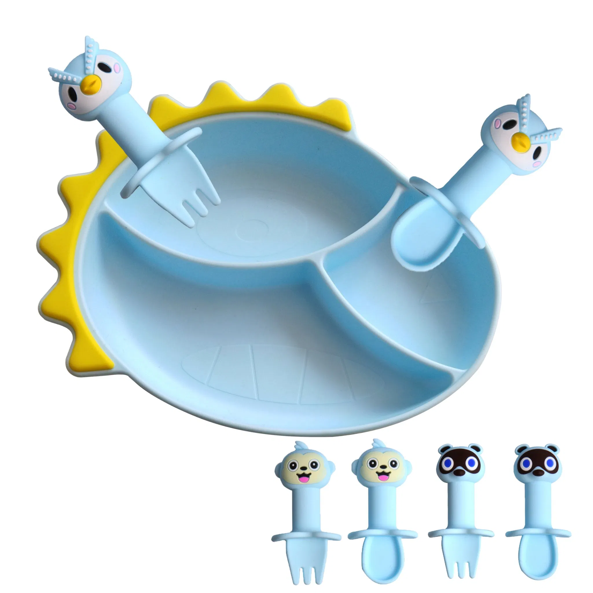 Cute Dinosaur Silicone Baby Feeding Plate and Utensils Set