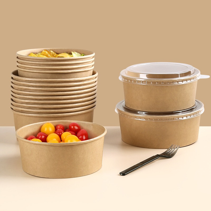 Biodegradable Hot Sale Disposable Kraft Paper Packaging Box Round Paper Bowl Thickened Takeaway Fast Food Box Fruit Salad Bowl Picnic Bowl with Transparent Lid