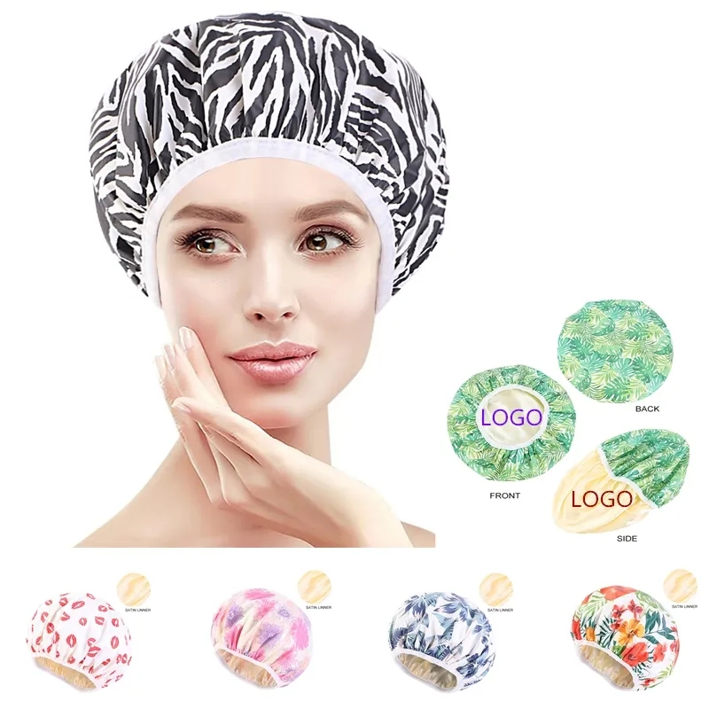 Customized Shower Cap Waterproof Double Layer Satin Lining Reusable EVA Bath Cap