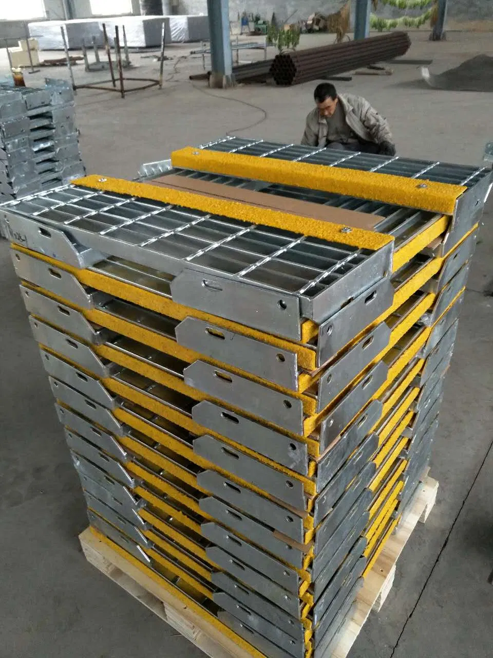 FRP/GRP Abrasive Stair Tread Nosings Installed on Tech-Shine T9 and T10 Steel Bar Grating Stair Treads