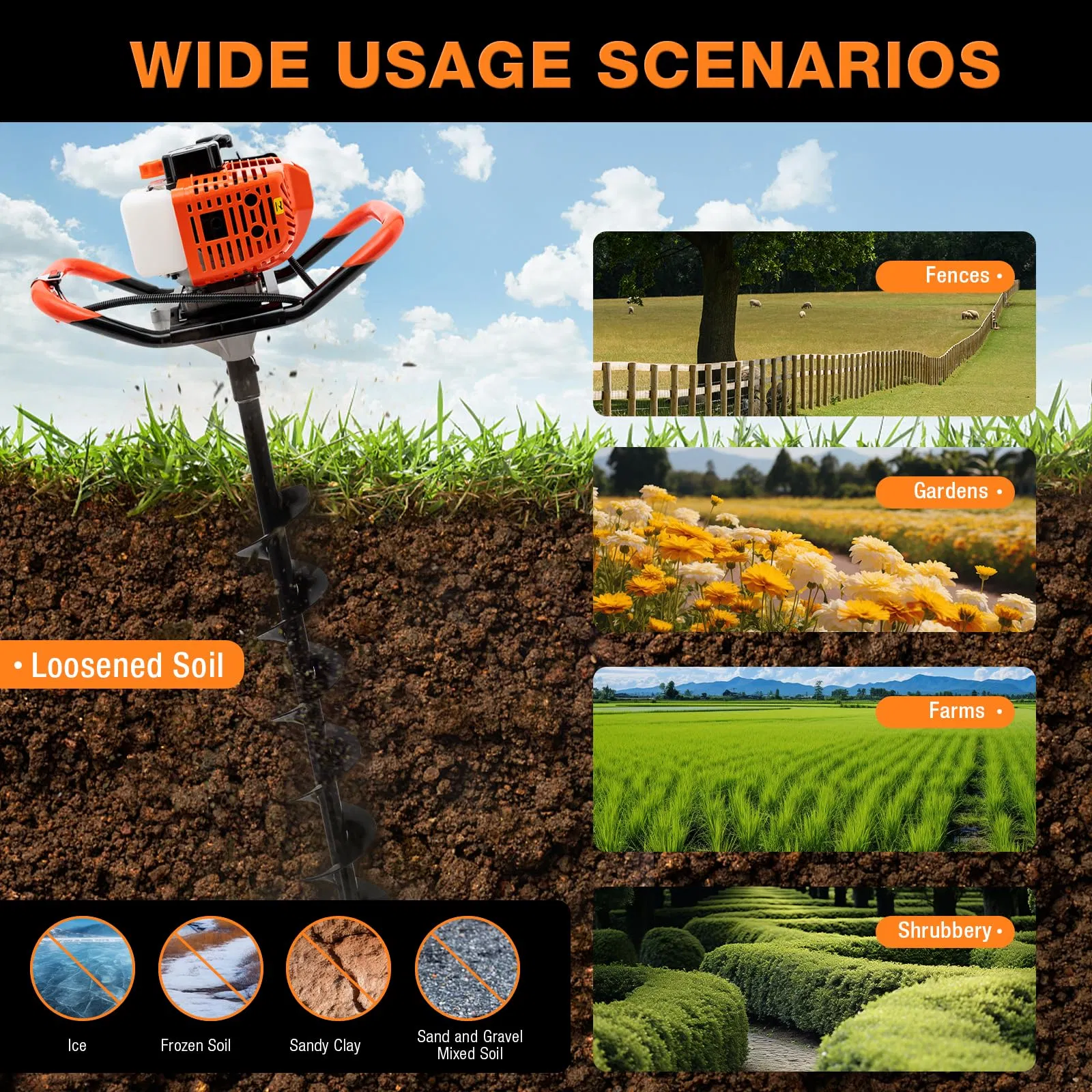 Post Hole Digger, 52cc 1450W Auger Post Hole Digger, Gas Powered Earth Digger with Two Earth Auger Drill Bit 6" & 10" and 3 Extension Rods, for Farmland,