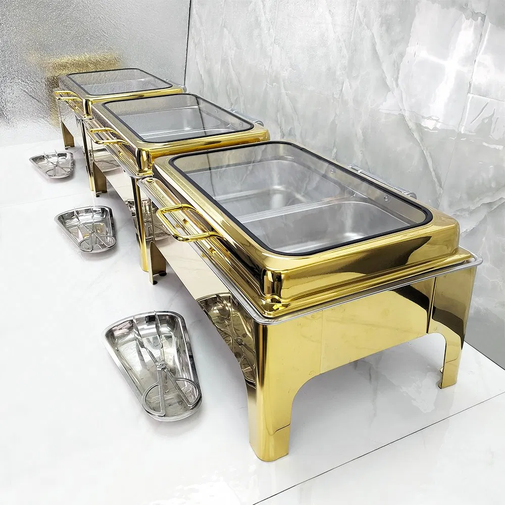 Luxury 9L Gold Stainless Steel Fuel Buffet Stove Food Warmer Chafing Dish for Wedding Buffet Server Gas-Powered Serving Food
