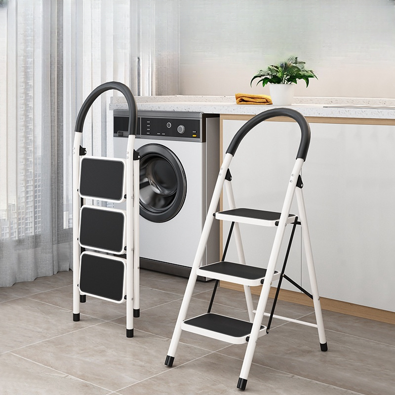 3 Steps Folding Step Ladder Household Ladder Folding Steel Ladder with Handrail and Non-Slip Wide Pedal Maximum Load 150