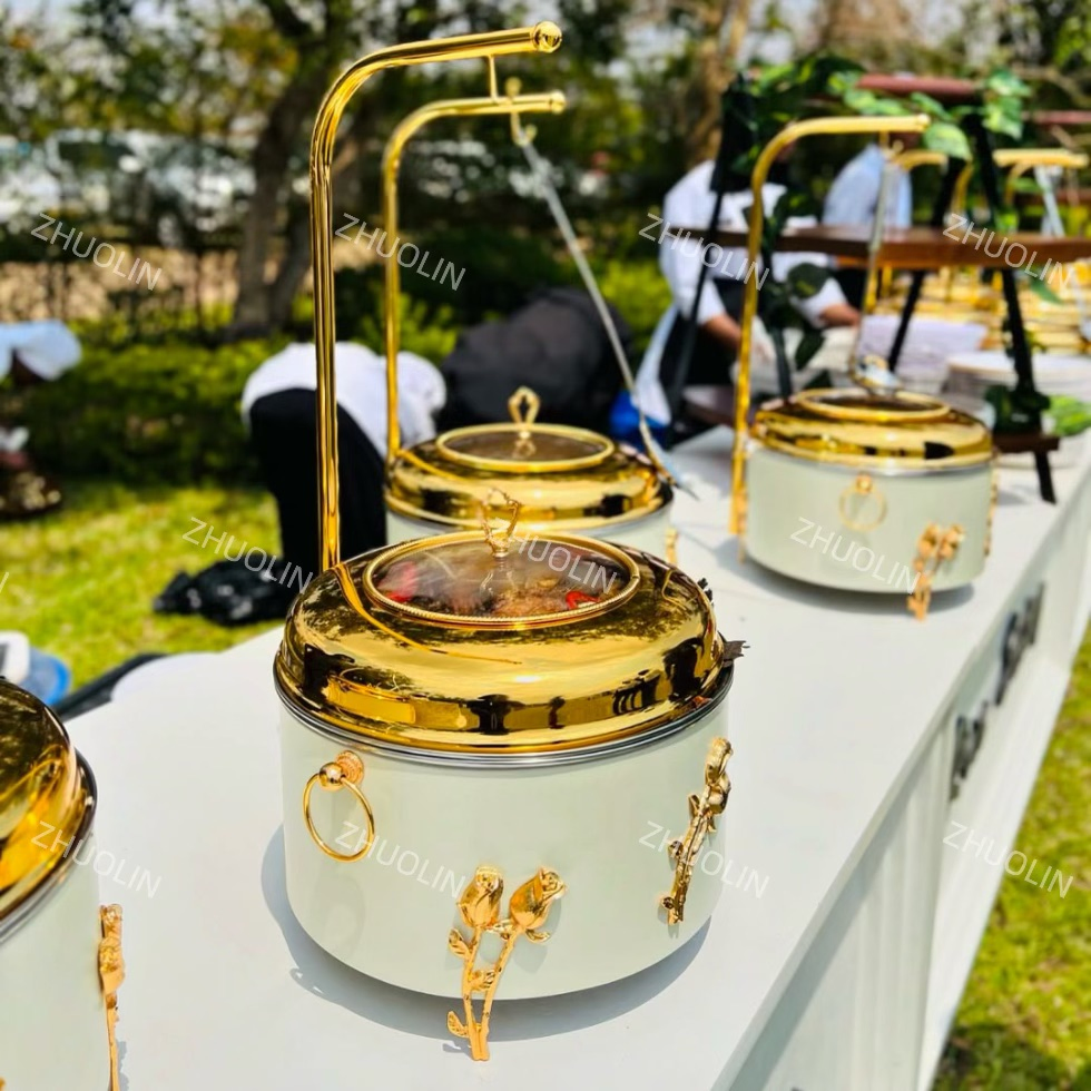 Luxury Commercial Hotel Restaurant Food Warmer 8L White Gold Chafing Dish Floral Buffet Equipment Chaffing Dish Set with Hanging Lid