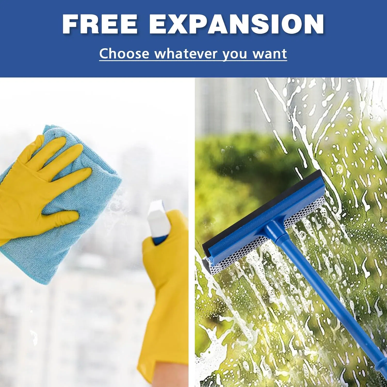 Window Squeegee for Car,2 in 1 Squeegee Window Cleaner with Long Stainless Steel Handle,Sponge Car Window Squeegee for Gas Station, Glass,Shower (Plastic Pole)