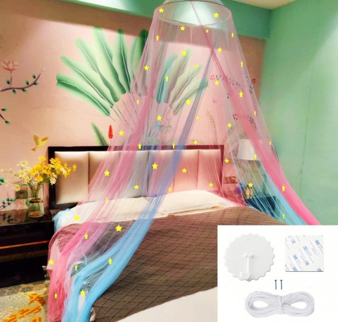 Rainbow Princess Bed Canopy for Girls Room with Glowing Stars Ceiling Bed Canopy Curtains for Twin Full Size Beds Ideal Gift for Girls
